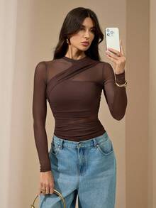 SHEIN Tall Brown Bodysuit For Women Sheer Mesh Long Sleeve Ruched Mock Neck Top, Suitable For Cocktail Party, Romantic Date, Winter Base Layer - Brown - View 5