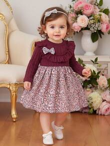 SHEIN 女婴针织圆领荷叶边连衣裙，莲藕粉色 - 酒紅色 - 查看 3