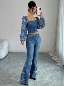 Elenzga Bộ đồ denim thời trang 2 món dành cho nữ, gồm áo dài tay hở vai và quần cạp cao. - Rửa trung bình - Xem 3