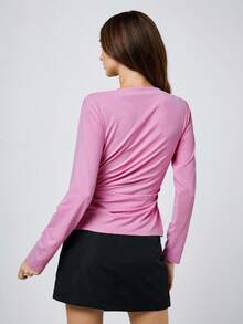 Maija Fitted Crew Neck Long Sleeve Light Pink Women Knit Top, Suitable For Early Spring Transition, Fitted & Slimming Women T-Shirt, Pink Top , Summer Holiday Outfits, Summer Tops , Spring Break Outfits , Bat Sleeve Design - Baby Pink - View 6