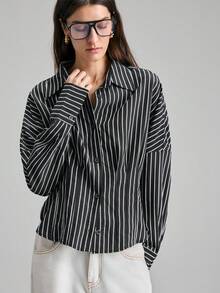 Ontre Women's Black And White Checkered Autumn Chic Office Long Sleeve Woven Shirt,Mandarin Collar Button Pleated Waist-Cinched Striped Minimalist Blouse - Black - View 4