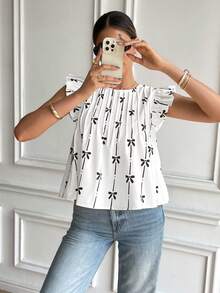 SHEIN Frenchy 女士休闲蝴蝶印花荷叶边衬衫，夏季 - 白色 - 查看 3