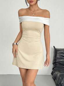 SHEIN EZwear Gaun Mini Bodycon Wanita Warna Aprikot & Putih, Model Bahu Terbuka, Musim Semi/Panas - Aprikot - View 5