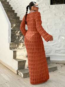 EURMUSE Vacation Beach Solid Color Hollow Out Knit Dress - Camel - View 2