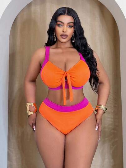 Slaydiva 2026 New European & American Style Neon Contrast Color Swimsuit, Bowknot Deep V High Waist Bikini 2 Pieces Set, Summer Beach Holiday Sexy
