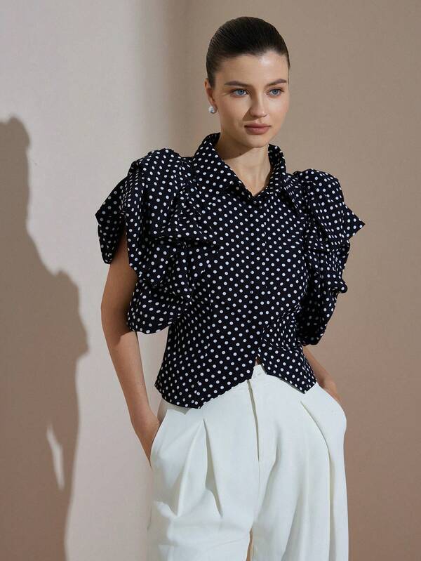 Aveloria Modichic Elegant Polka Dot Print Puff Sleeve Vintage French Design Collared Blouse For Women