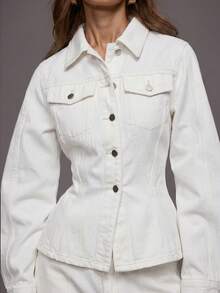 MUSERA 收腰弧形下摆撞色缝线牛仔夹克套装上衣（仅限冬季夜间外出街头风可爱返校性感无袖时尚款） - 白色 - 查看 4