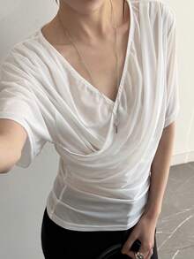 DAZY Women's Solid Color V-Neck Overlap Casual Versatile Commute Short Sleeve T-Shirt Summer - White - View 2