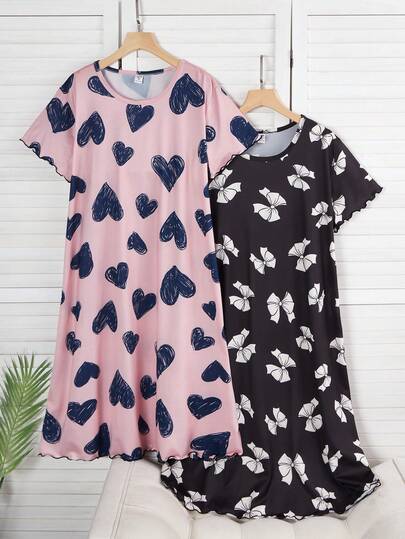 Set de 2 piezas de pijama informal y elegante con estampado de pestañas de cuello redondo y manga corta para adolescentes