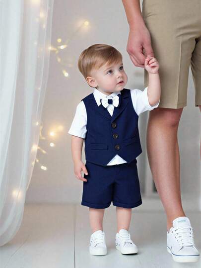 3pcs Baby Boys Summer Cute Gentleman Outfit: Navy Vest, Shorts, Short Sleeve Shirt With Bow Tie, Suitable For Birthday Party, Christening, 1st Birthday Celebration, Formal Occasions, Performance, Wedding And Other Events, Baby Boy Clothes, Baby Boy Suit, Infant Boy Outfit, Young Boy Set Baby Boys Suits Baby Boy Wedding Suit