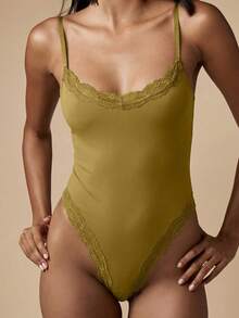 MISSGUIDED 女士蕾丝边连体衣，贴身塑形内衣，无袖V领按扣底 - 軍綠色 - 查看 5