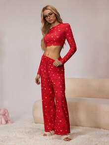 HautHeat Women's Cropped Top And Pants Pajama Set - Red - View 4
