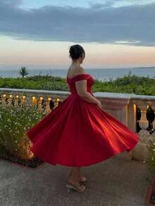 SHEIN MOD 大码女士露肩系带中长连衣裙，酒红色，秋冬季，万圣节，圣诞夜惊魂，万圣节女装，派对，优雅，红色缎面连衣裙，露肩连衣裙，红色正式连衣裙，红色及膝连衣裙，红色派对连衣裙，婚礼宾客连衣裙 - 紅色 - 查看 6