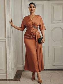 Anewsta Women's Elegant Party Summer Rusty Orange V-Neck Batwing Sleeve Dress,Waist Ruched Rhinestone Decor Cinched Satin Mermaid Hem Valentine's Day Dress - Redwood - View 7