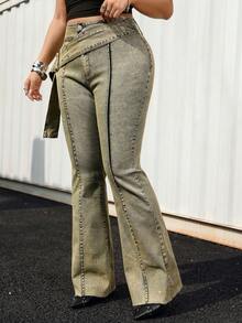 SHEIN EZwear Quần jeans ống loe dáng retro vintage Y2K cỡ lớn dành cho người có thân hình đầy đặn. - Rửa trung bình - Xem 3