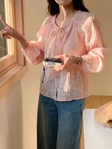 DAZY Women's Casual Lace Long Sleeve White Blouse, Suitable For Spring, Summer, Valentine's Day, Office Wear - Pink - View 5