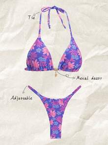Elavelle Bộ đồ bơi bikini gợi cảm dây mảnh, họa tiết hoa mùa xuân cho nữ, trang phục đi biển mùa hè - Nhiều màu - Xem 1