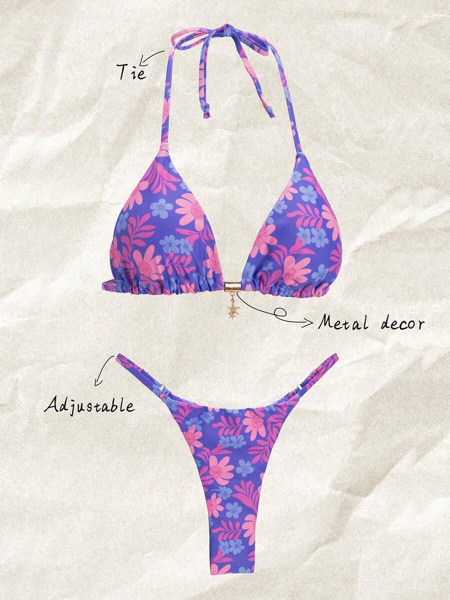 Elavelle Bộ đồ bơi bikini gợi cảm dây mảnh, họa tiết hoa mùa xuân cho nữ, trang phục đi biển mùa hè - Nhiều màu - Xem 1