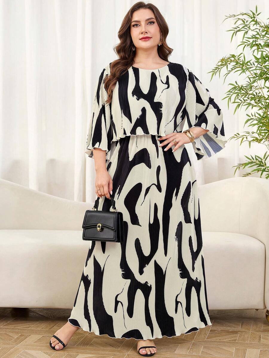 Reflora 大码女式印花圆领七分袖休闲宽松连衣裙 - 黑與白 - 查看 1