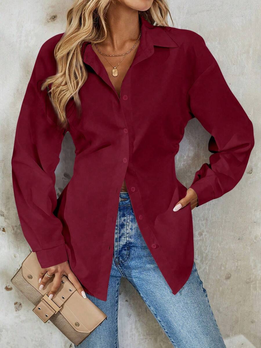 Pariaura Tall 女士优雅通勤纯色落肩长袖单排扣衬衫 - 酒紅色 - 查看 1