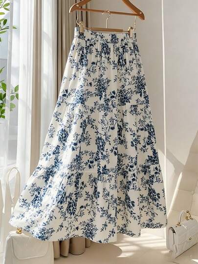 Franclia Women's Summer Blue And White Porcelain Printed Tiered Midi Skirt: Cream Base With Indigo Plant Floral Pattern, Elastic High Waist Fits Various Body Types, Multi-Layered Skirt Hem Boasts Flowy Drape, A Literary Vibe Long Skirt Perfect For Commute Or Getaways, Pairing Well With Blouses/Camisoles Long Summer Skirt Blue And White Floral Skirt