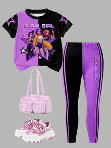 2pcs/Set Young Girls Group Idol Print Top & Leggings Set, Fashionable Casual Outfit For Little Young Girls, Suitable For Spring/Summer - Multicolor - View 2