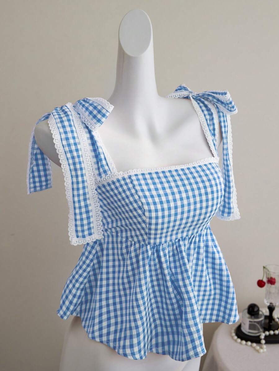 Elamini Áo camisole nữ kiểu dáng ngọt ngào và dễ thương, họa tiết kẻ caro, dây buộc, dây đeo dày. - Màu xanh lam - Xem 1