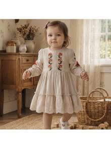 Loomiva Baby Girl Floral Print Round Neck Ruffle Hem Cinched Waist Dress - Multicolor - View 1