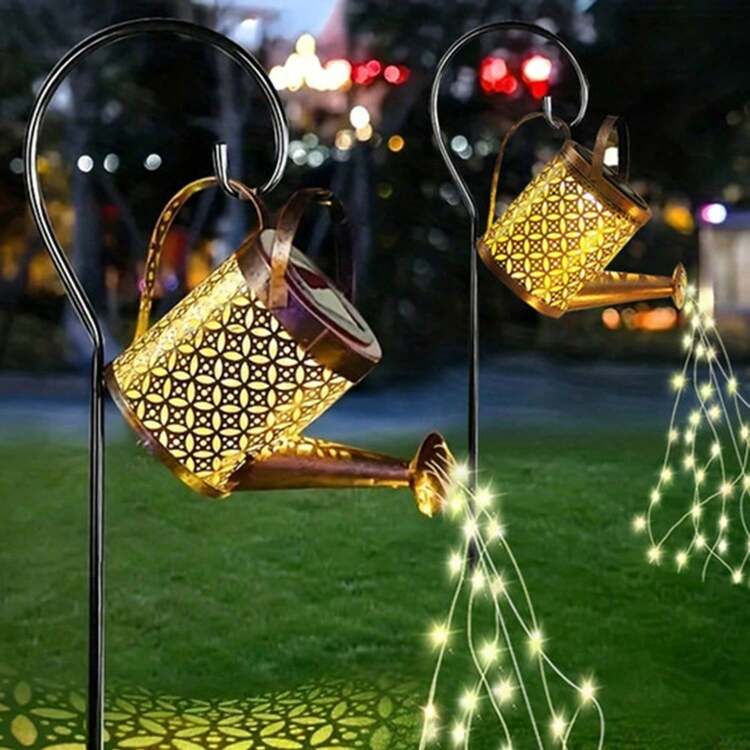 1个太阳能仙女浇水壶花园灯，金属太阳能浇水壶带LED灯，节能环保，户外悬挂装饰，盆栽植物点缀，无遥控器，适用于草坪和花园装饰 - 銅色 - 查看 9