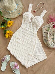 SHEIN Teen Girl Summer Casual Elegant Vacation Jacquard Twist Front Fitted Camisole Dress - Apricot - View 1