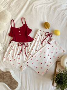 SHEIN 3pcs Women Camisole, Shorts & Pants Pajama Set, Heart Print Sleepwear - Multicolor - View 4