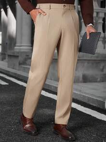 Manfinity Bizformal Men's Casual Everyday Office Commute Striped Print Slant Pocket Pleated Straight Leg Pants - Khaki - View 4