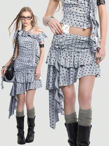 Bloopia Women's Summer Casual Fashionable Street Style Polka Dot Print Ruffle Hem Asymmetric Hem Skirt - Light Grey - View 4