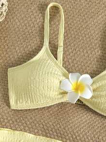 SHEIN Ensemble de maillot de bain avec décor floral 3D pour préadolescentes en vacances à la plage - Jaune citron - Voir 3