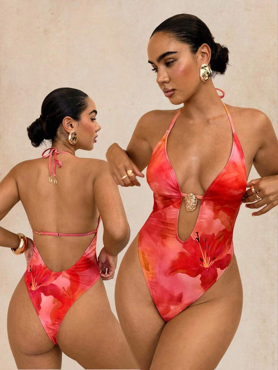 Swim Glamine Áo tắm liền thân gợi cảm kiểu Bohemian dành cho nữ, họa tiết hoa dâm bụt, cổ yếm. - trái cam - Xem 1