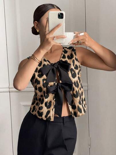 Serisse Camisa casual y sexy de mujer con estampado de leopardo y nudo delantero, para verano