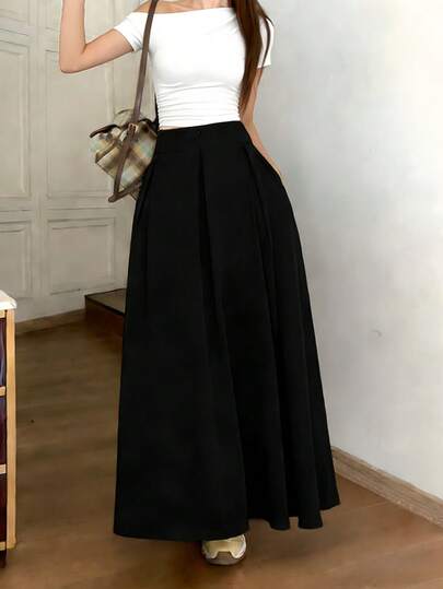 Falda Larga Plisada de Cintura Alta para Mujer, Estilo Casual, con Bolsillos, Falda Larga y clásico