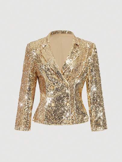 SHEIN MOD Plus Size Women's Gold Sequin Lapel Neck Long Sleeve Double-Breasted Blazer, Thanksgiving For Women, Gold Sequin Blazer, Christmas , Prom , Party , Thanksgiving For Women, Sparkly Top Autumn Winter For Women.Plus Size Gold Sequin Blazer Shimmering Jacket Tailored Fit Notched Lapel Elegant Silhouette Double-Breasted Long Sleeves Metallic Shine Structured Shoulders Sparkling Texture Fully Lined Dazzling Look Glamorous Outerwear Classic Closure Eye-Catching Finish Mid-Length Radiant Appearance Sophisticated Layer