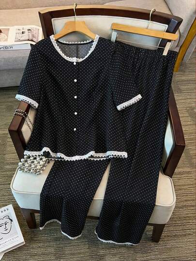 GlowEve CURVE Große Größen Lässig Schwarz & Weiß Polka Dot Set mit besticktem Saum