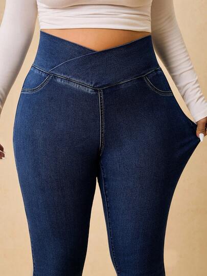 SHEIN Tall CURVE Plus Size Women Asymmetric Waist Skinny Casual Versatile Jeans