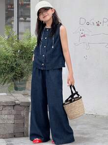 Dazy Kids Tween Girls' Sleeveless Casual Fashionable Versatile Denim Set