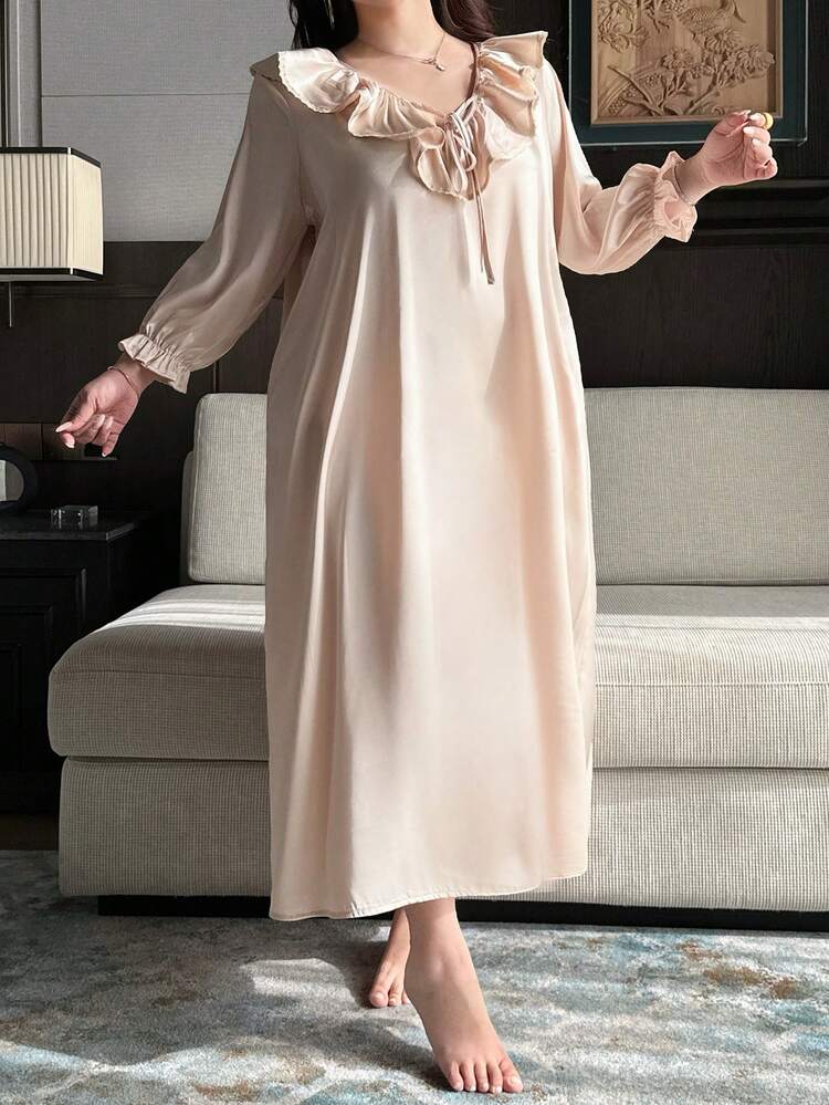 Dazy Plus Plus Size Women Loose V-Neck Long Sleeve Bell Sleeve Maxi Nightgown, Spring/Autumn