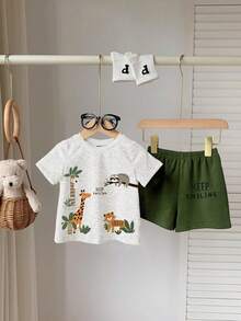 SHEIN Playful Pals Baby Boys' Casual, Simple, Stylish, Classic, And Cute Zoo Print Lion, Giraffe, Koala, And Sloth Pattern Print Comfortable Knit Crew Neck Short Sleeve T-Shirt And Knit Letter Print Shorts Set, Suitable For Spring And Summer, Home Wear, Outdoor Wear, Sportswear, And School Wear. - Multicolor - View 2