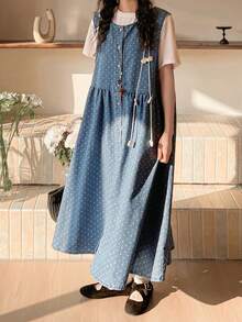 FRIFUL 女士休闲波点印花纽扣牛仔连衣裙，夏季 - 藍色 - 查看 7