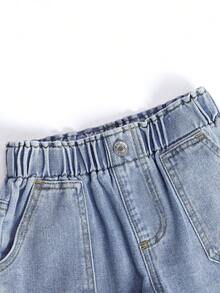 Young Girls Washed Denim Casual Elastic Waist Butterfly Embroidered Wide Leg Blue Denim Shorts, Summer - Blue - View 4