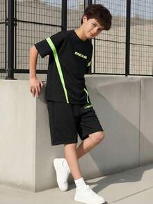 Fantacosmos 男童印花T恤裤套装（2件套），时尚欧美街头风，春夏款 - 黑色 - 查看 4