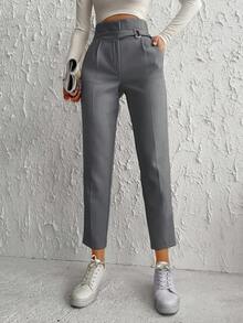 High Waisted Belted Dress Pants With Slanted Pockets - Dark Grey - View 1