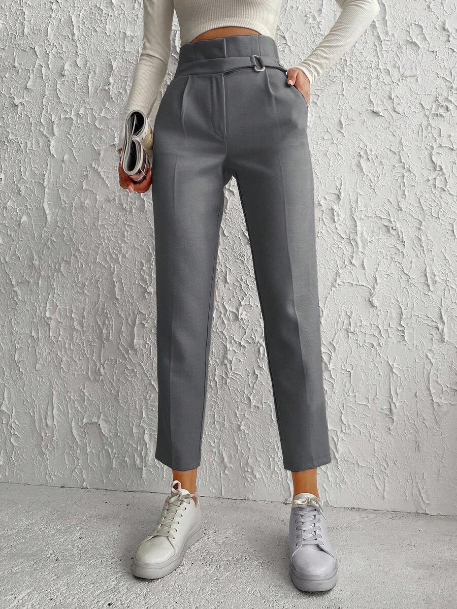 High Waisted Belted Dress Pants With Slanted Pockets - Dark Grey - View 1