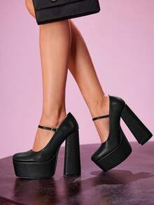 CUCCOO LuxiPop Women's Square Toe Thick High Heel Waterproof Platform PU Leather Solid Color Fashion Simple Comfortable Daily Party Buckle Strap Pumps Valentine's Day - Black - View 3