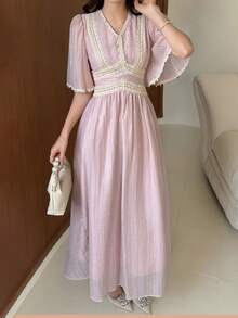 DAZY 春夏蕾丝拼接优雅长裙，时尚派对/婚礼/宴会正式礼服，修身通勤连衣裙 - 粉色 - 查看 4